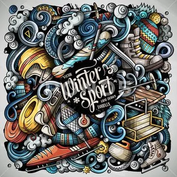 Winter Sports hand drawn vector doodles illustration. Ski resort poster design. Stock Illustration