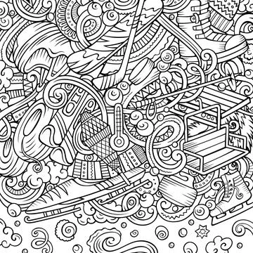 Winter sports hand drawn vector doodles illustration. Ski resort design. Stock Illustration