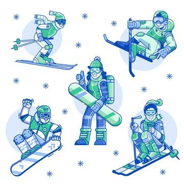 Winter Sports Man and Woman Line Icons Stock Illustration