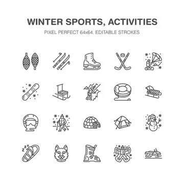 Winter sports vector flat line icons. Outdoor activities equipment snowboard Illustrazione stock