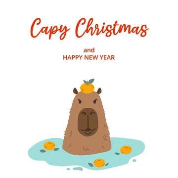 Winter square festive card on white background with capybara, tangerines Stock Illustration
