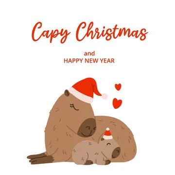 Winter square festive card on white background. Capybara, baby capybara, red hat Stock-Illustration