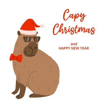 Winter square festive card on white background. Capybara, red hat, bow tie Stock Illustration