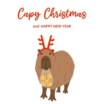 Winter square festive card on white background. Capybara, deer horn accessory Stock Illustration