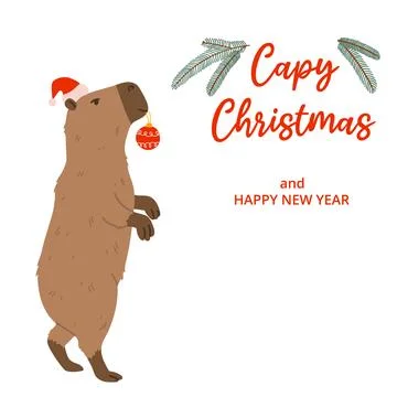 Winter square festive card on white background. Capybara, tree, ball, red hat Stock Illustration