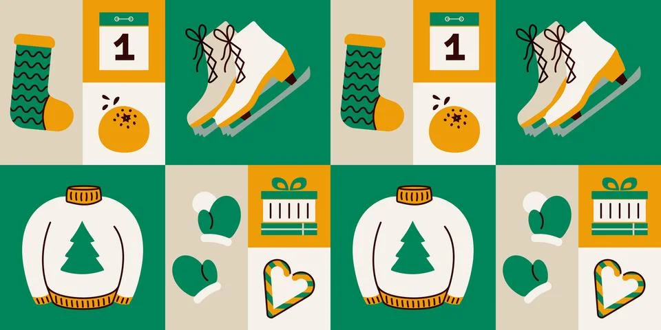 Winter squared holiday pattern, joy and fun. Snowballs, skating, giving gifts Illustrazione stock