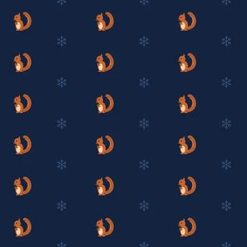 Winter squirrel seamless pattern with orange squirrels and blue snowflakes on Stock Illustration
