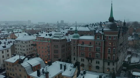 Winter in Stockholm and Sodermalm, aerial view flying toward buildings Stock Footage 148784342