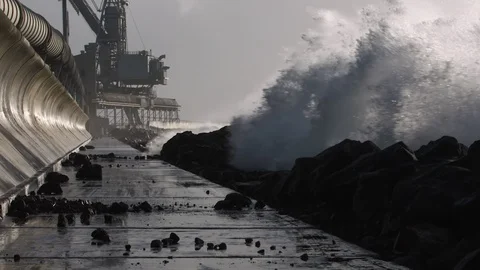 Winter storm and huge waves smashing into harbor breakwater. Stock Footage 87251319