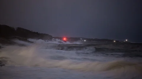 Winter Storm, Crashing Waves, Cape Ann, New England, Night Time Lapse Stock Footage 89851587