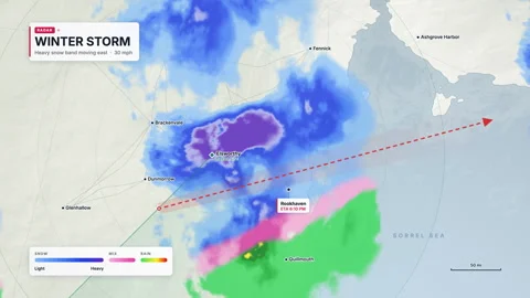 Winter storm weather radar map with snow band and rain-snow mix sweeping ea.. Stock Footage 347718760
