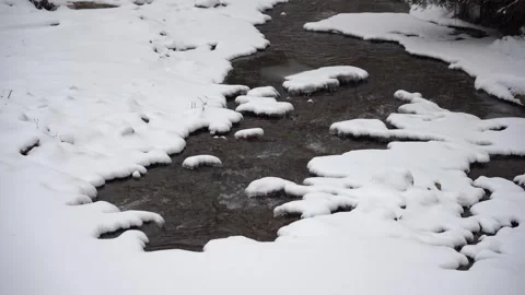 Winter stream flows through snow-covered ground in a peaceful forest Video stock 327590999