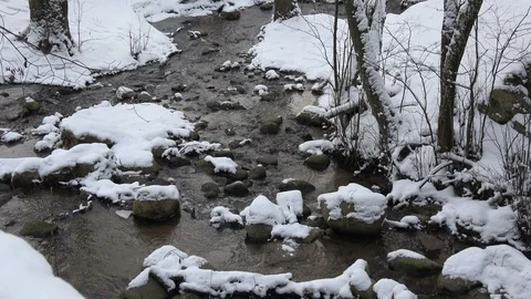 Winter stream river with stones and snow Stock Footage 102276076