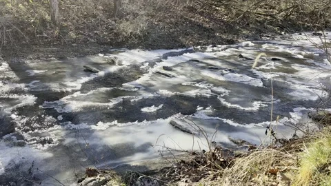 Winter stream with snow, winter creek with ice Video stock 169352222