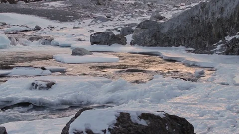 Winter Stream Sunset Stock Footage 79576738