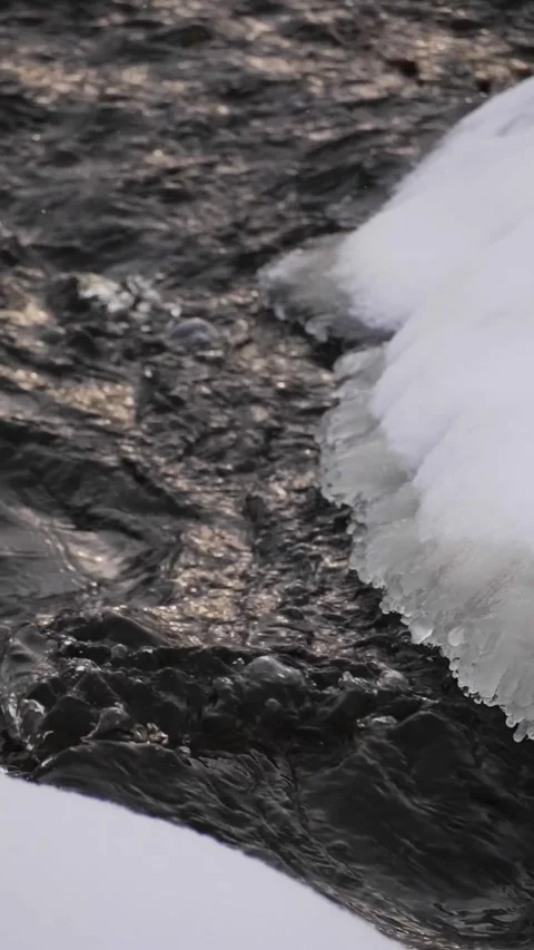 Winter Stream Water Flowing Under Icy Shoreline with Crystalline Details - Froze Stock Footage 326216292