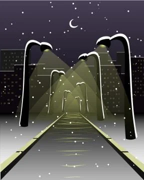 Winter, street lights, empty road, crescent moon and far city buildings Ilustración de archivo