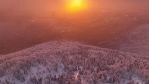 Winter Summit Sunset Drone Flight Sun Stock Footage 336278243