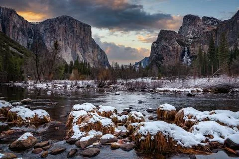 Winter Sun Setting on the Valley View Point, Yosemite National Park, California Stock Photos