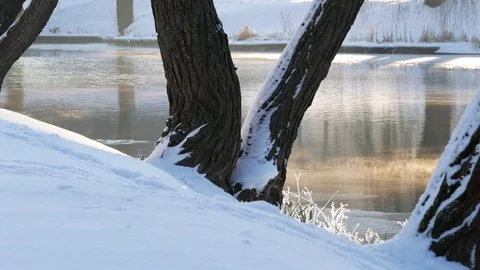 Winter Sunny day outdoors. Flowing river in winter. The frost on the branches. Stock Footage 85367528