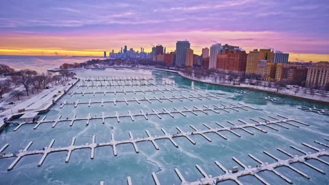 Winter sunrise drone scene featuring the skyscrapers of Chicago’s Loop. Stock Footage 332145903