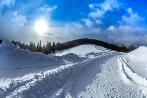 Winter sunrise in the mountains Stock Photos
