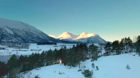 Winter Sunrise over Eresfjord or Eikesdalen, Norway, Majestic Snow Covered Mount Stock Footage 315503894
