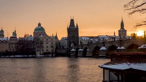 Winter sunrise time lapse view of the cityscape of Prague Stock Footage 266131093