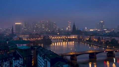Winter sunrise time lapse view of the modern skyline of Frankfurt Stock-Footage 319026473