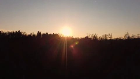 Winter Sunset Aerial View Over Bare Trees in an Orange Sunset Stock Footage 315502902