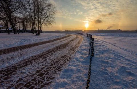 Winter sunset around Peter and Paul fortress in Saint-Petersburg, Russia Stock Photos