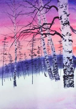 Winter sunset in a birch grove Stock Illustration