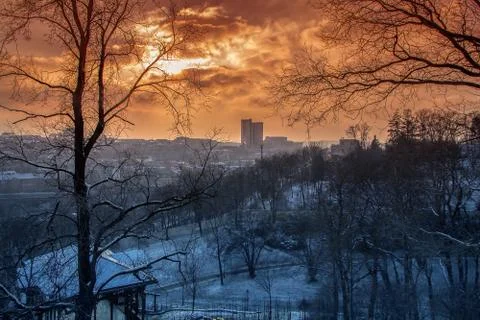 Winter sunset in the city Stock Photos