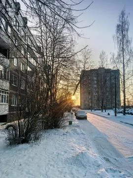 Winter sunset in the city. Stock Photos