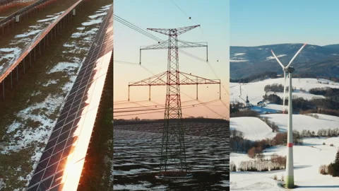 Winter sunset collage of solar panels, wind turbine and power lines Stock Footage 342932685