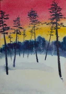 Winter sunset in the forest Stock Illustration