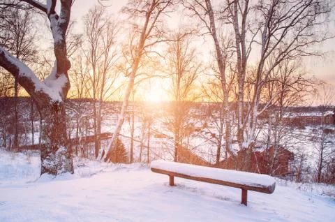 Winter sunset from hill Stock-Fotos