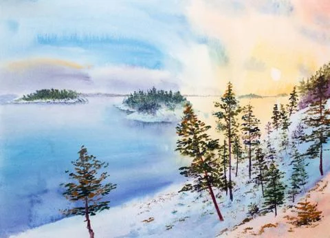 Winter sunset on the islands Stock Illustration