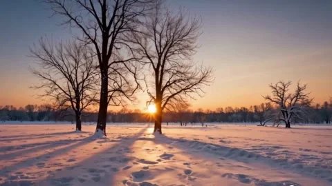 Winter Sunset with Lone Tree in a Snowy Landscape Stock Footage 299706754
