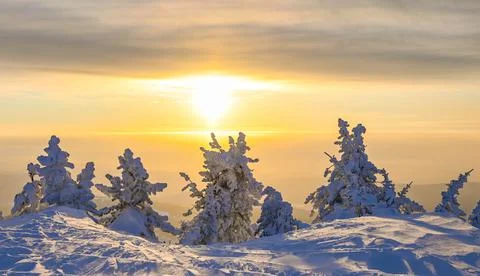 Winter sunset in the mountains Stock Photos