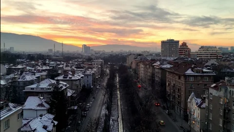 Winter Sunset Over Central Sofia and Perlovska River – Aerial Drone View Stock Footage 321749417
