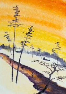 Winter sunset over the river Stock Illustration