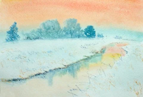 Winter sunset over the river Stock Illustration