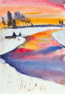Winter sunset over the river Stock Illustration