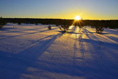 Winter sunset over snowy fields. The snow-white surface of the snow glows in  Stock Photos