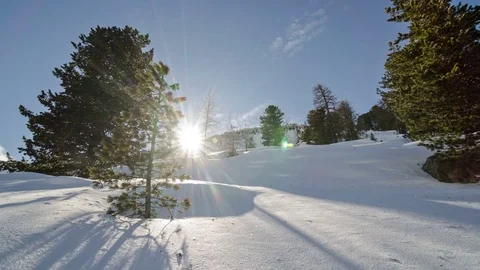 Winter Sunset over Trees and Snowy Hill Time Lapse Dolly Shot Stock-Footage 71339327