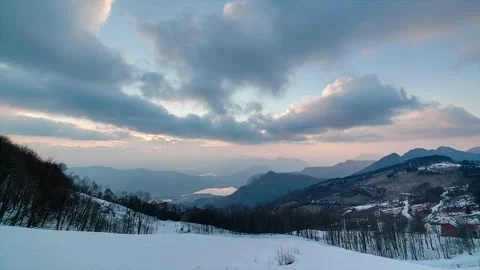 Winter Sunset Panorama in the Mountains, Timelapse Stock Footage 316703337