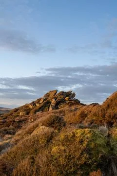 Winter sunset panoramic view of Baldstone, and Gib Torr in the Peak District  Stock Photos