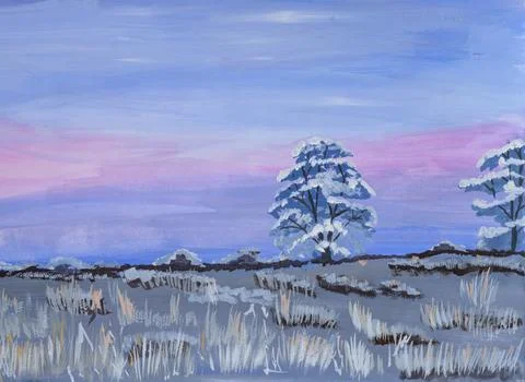 Winter sunset sky over a field with trees on the horizon. Paint hand drawing Stock Illustration