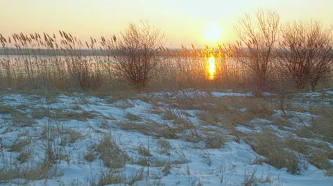 Winter sunset Time lapse near to snowy and frozen lake, HDR RAW Stock Footage 59574390